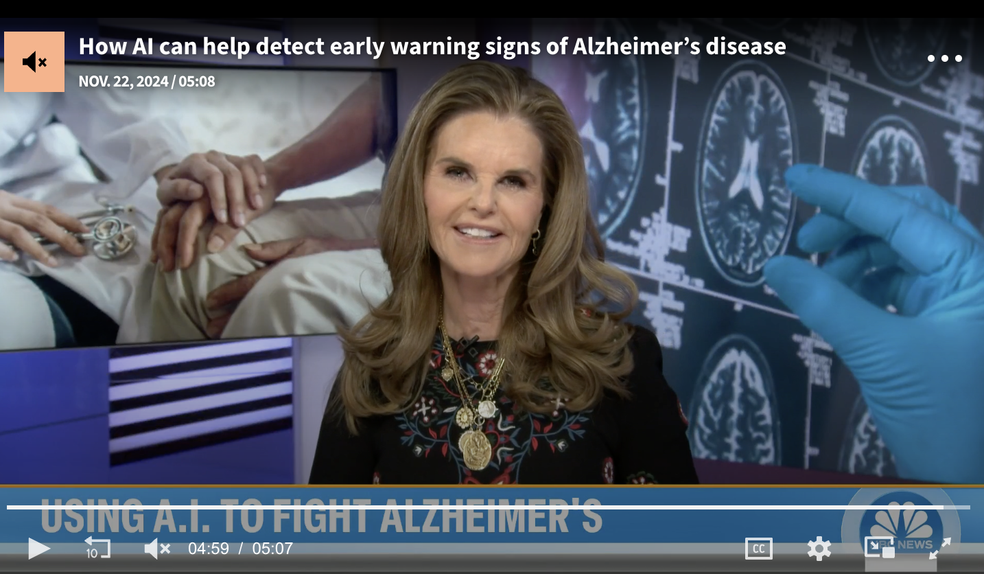 A news report on AI's role in detecting Alzheimer's, with brain scans and a caregiver's hands.